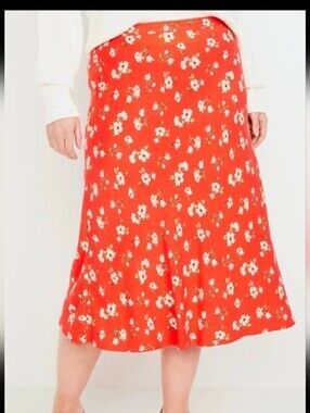 NWOT Old Navy A Line Crepe Red Floral Midi Skirt, Large Tall